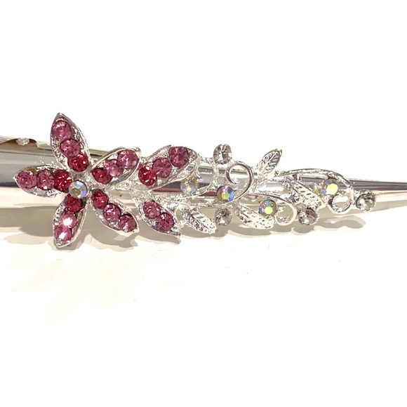 Updo Alligator Hair Clip Silver Tone Pink Fuchsia Flower - Picture 2 of 4